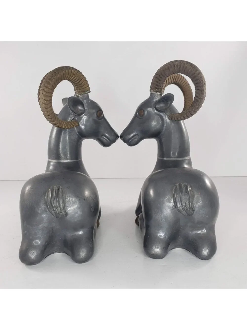 Art Deco Pewter Brass Ram Antelope Ibex Bookend Pair Vintage 1930s